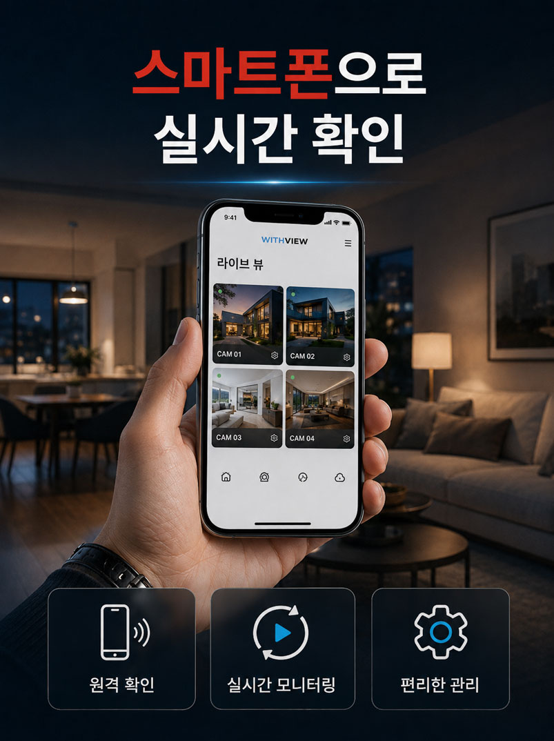 withview-cctv-smartphone-real-time-monitoring 한 손으로 스마트폰을 들고 전용 앱의 라이브 뷰 화면을 통해 주택 외곽 4곳의 CCTV 화면을 원격으로 실시간 모니터링하는 모습